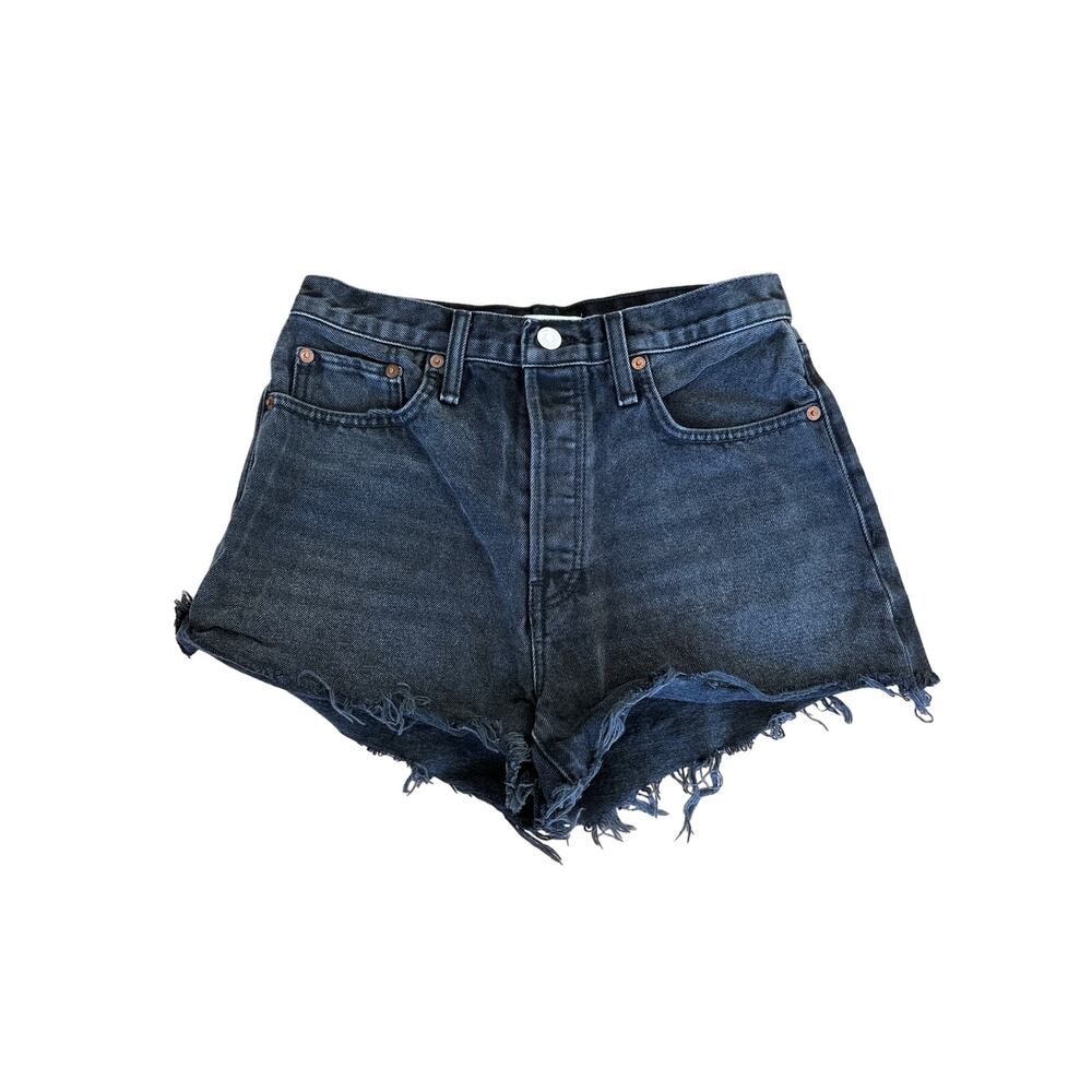 Redone - Frayed Hem Cut Off Denim Shorts in Faded Black